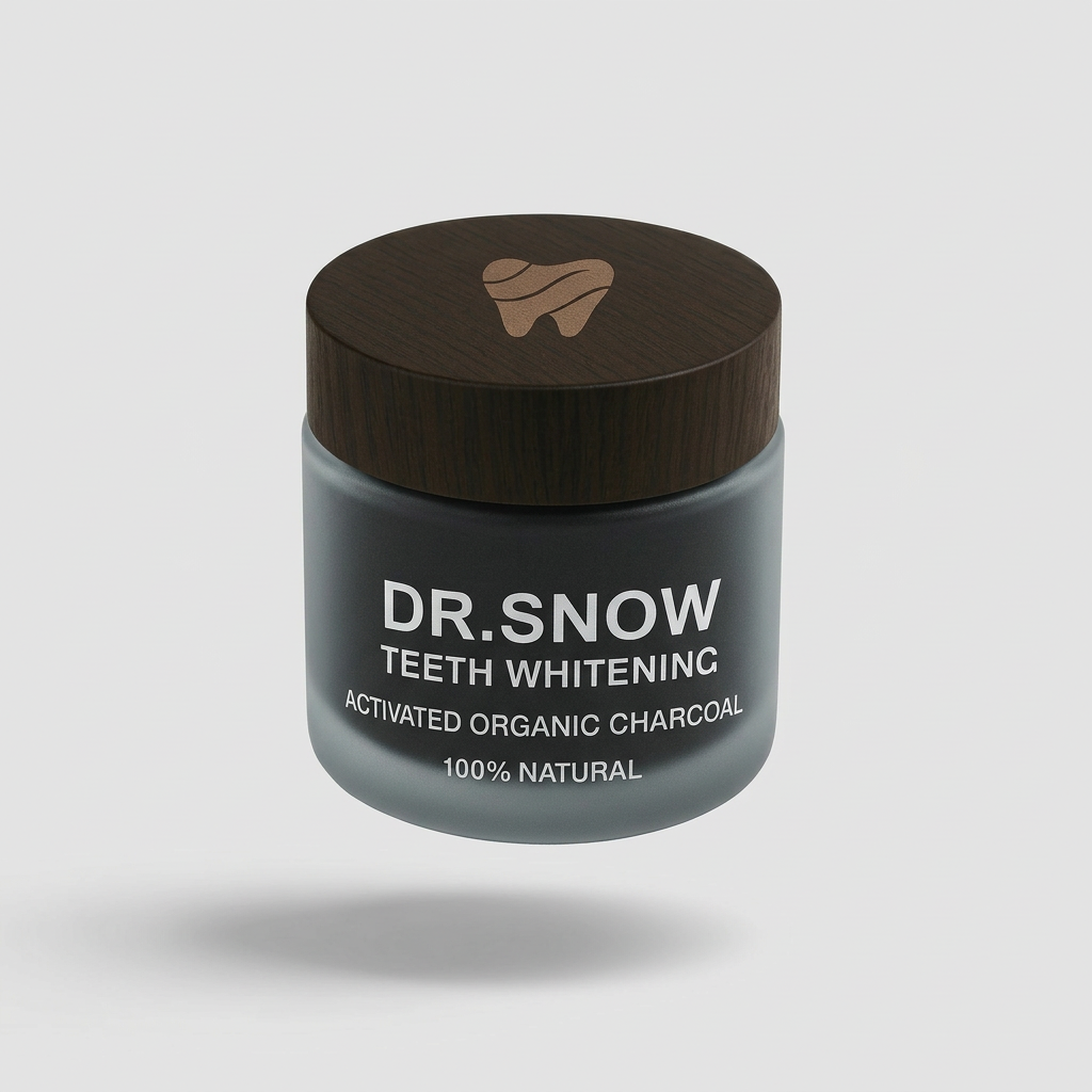 Dr. Snow teeth whitening product with activated organic charcoal on a light gray background