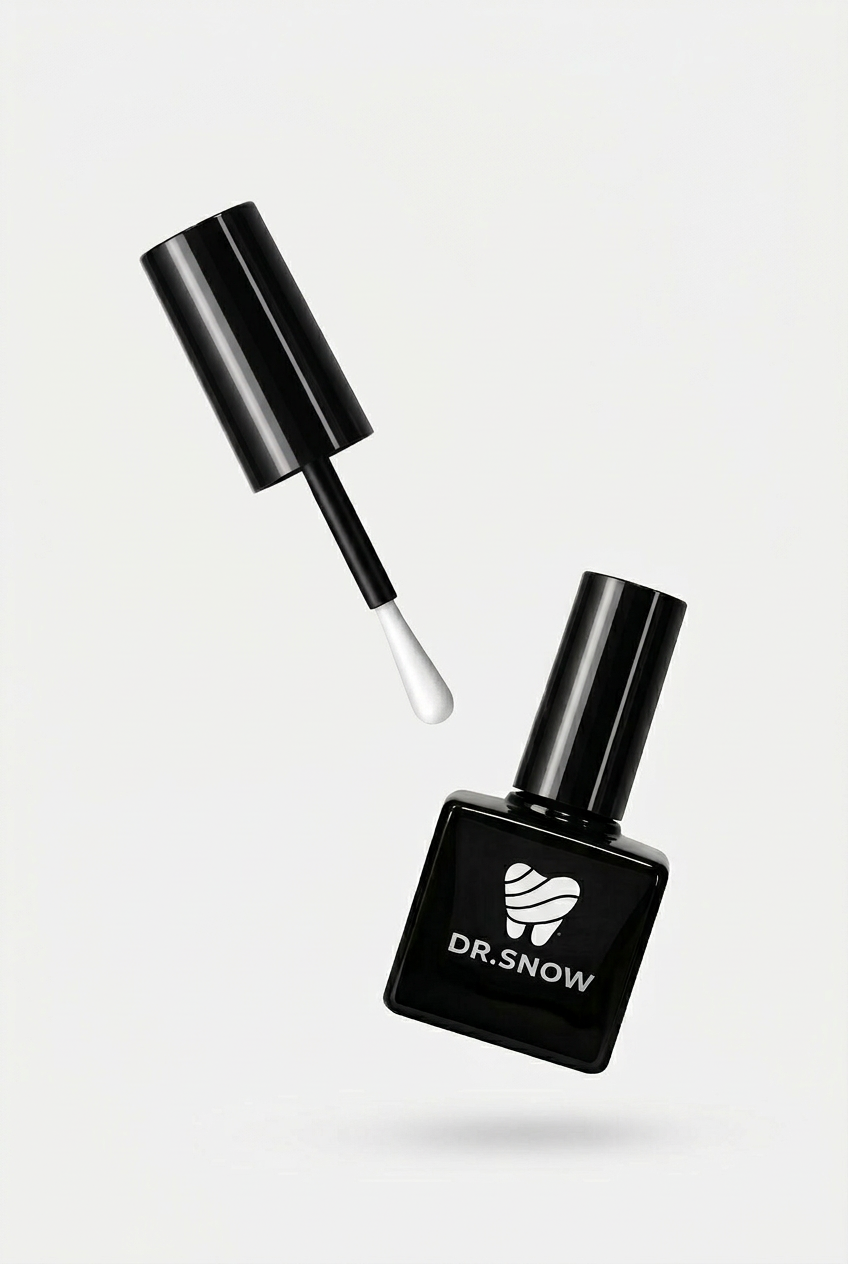 Teeth polish bottle with applicator on a white background, featuring the brand 'DR. SNOW'.